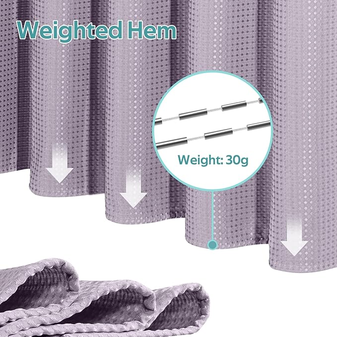 Vipfree 3 in 1 Shower Curtain Set, Waffle Shower Curtain and Liner Set with 12 Double Sided Shower Curtain Hooks, 258GSM Luxury Weighted Cloth Shower Curtains for Bathroom, 72 W x 72 H, Lavender