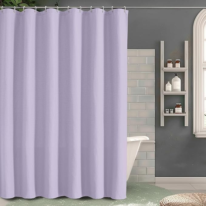 OVZME Extra Long Shower Curtain Set- 96 Inch Long Waffle Weave Heavy Duty Fabric Shower Curtains for Bathroom, Luxury Heavy Duty Thick Cloth Shower Curtain with 12 Plastic Hooks, 72Wx96L, Lavender