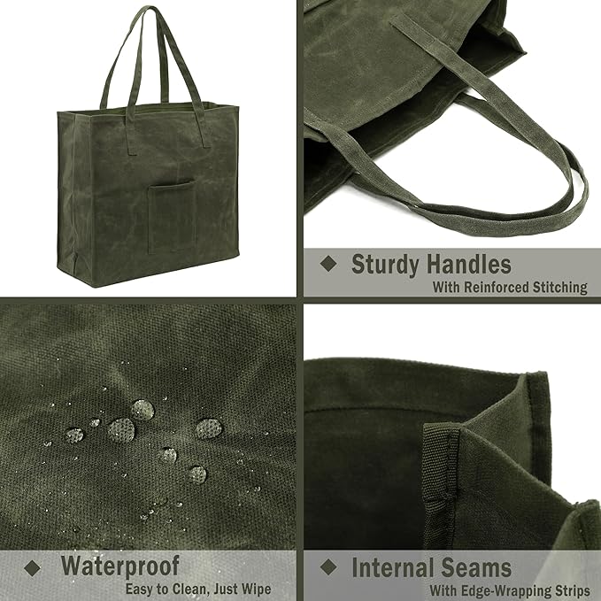 Kaaltisy Waxed Canvas Grocery Bag Eco-friendly Reusable Shopping Bag with Pocket Stylish Market Tote Bag Waterproof Waxed Canvas Beach Bag, Wide, Soft Handfeel