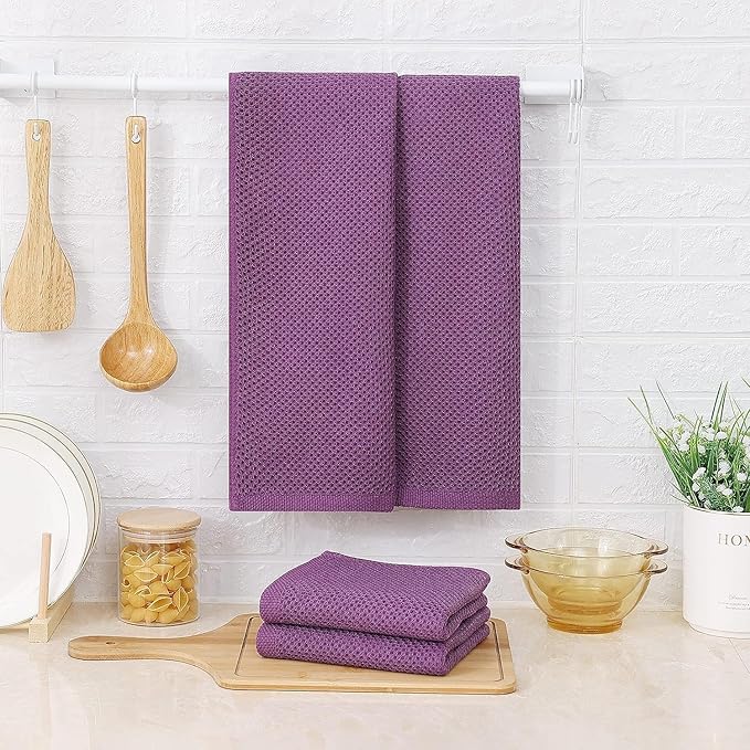 Kitinjoy 100% Cotton Waffle Weave Kitchen Towels, 8-Pack Super Soft and Absorbent Dish Towels for Drying Dishes, Kitchen Hand Towels, 13 in x 28 in, Violet