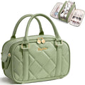 Bagstellar Travel Makeup Bag, Large Capacity Quilted Toiletry Bag for Women, Wide-open Cosmetic Bag Make Up Case Organizer Portable Pouch w/Handle & Brush Holder for Traveling Accessories, Sage Green