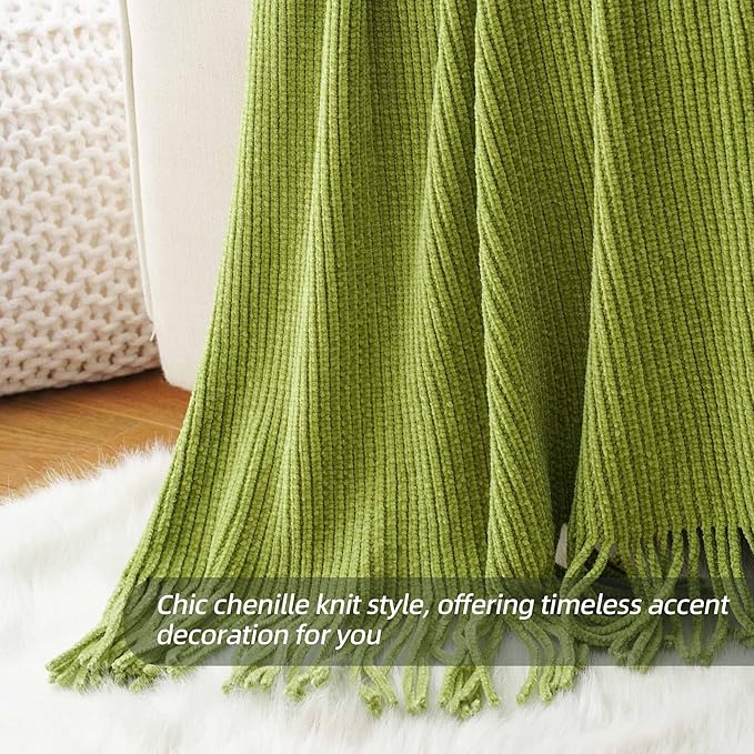 BATTILO HOME Apple Green Throw Blanket for Couch, Soft Chenille Knit Throws with Tassels for Home Decor, Spring Green Throws for Couch Cover, 50"x60"