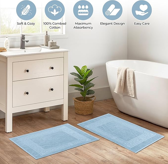 Superior Heavyweight Cotton Bath Mats, Bath Rugs For Bathroom Accessories, Washable Rug For Shower, Toilet, Modern Decor, No Backing, Luxury Hotel And Spa Quality, Set of 2, 22" x 35", Light Blue