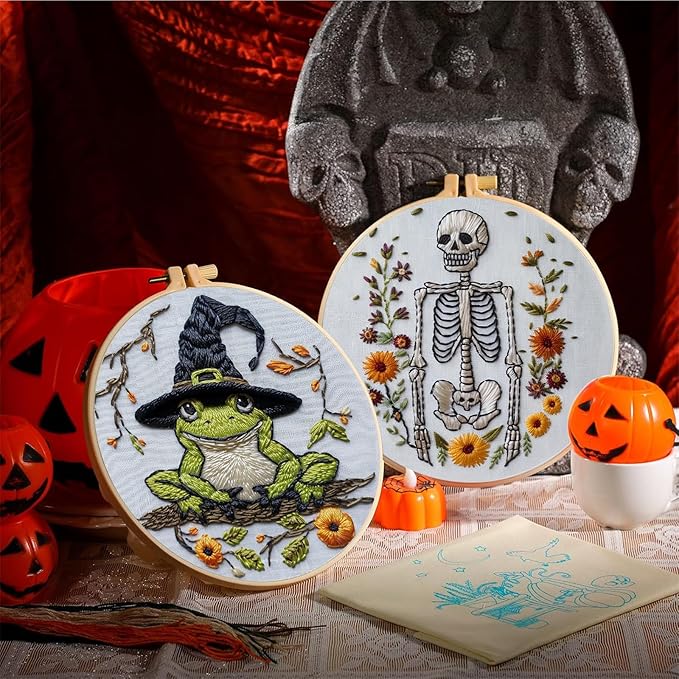 QBQBQ 4 Set Embroidery Kit for Beginners, Cross Stitch Kits Include 6 Inch Hoop, Needles, Threads, DIY Crafts for Adults, Halloween, Skull & Witch Hat Pattern, Home Decor Gift Idea