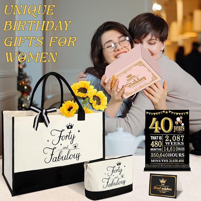 YeohJoy 40th Birthday Gifts for Women 40 and Fabulous Canvas Tote Bag Travel Gear, Unique 40 Years Old Gifts for Wife Sister Mom Aunt Friends Her, Handbag & Cosmetic Bag & 40 Birthday Poster