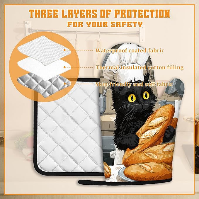 Cute Black Cat Oven Mitts and Pot Holders Set,Chef Kitchen Decor Heat Resistant Non Slip Hot Pads and Oven Mitt for Chef Cooking Baking BBQ Mom Girl Gifts(4 Piece Set)