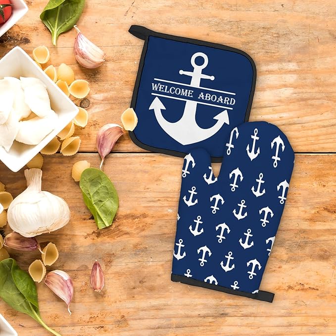 Lake House Gifts Oven Mitts and Pot Holders Sets, Lake Navy Blue Kitchen Accessories Sets, Nautical Navy Blue Anchor Welcome Aboard Heat Resistant Oven Glove Potholders for Kitchen Cooking