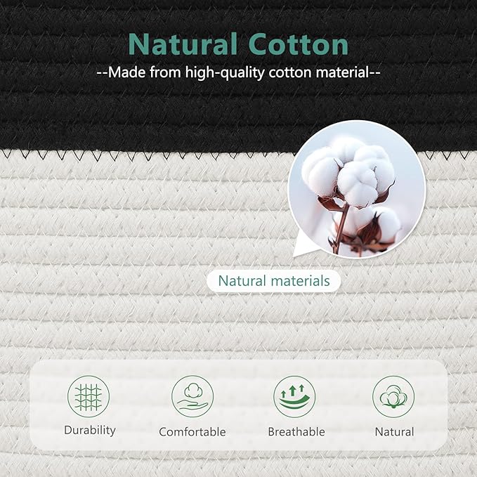 ECDYQXVU Cotton Rope Storage Basket, 15x10x9 Inches, Woven Basket for Shelves, Clothes, Towels, Books, and Laundry, Black/White (1 Pack)