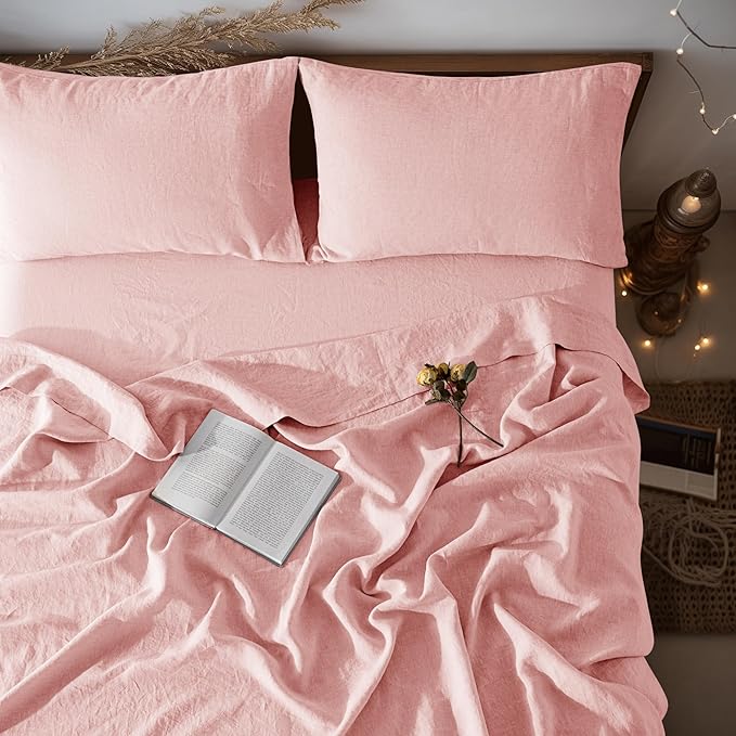 LBRO2M 100% Linen Sheet Set 16" Deep Pocket Queen Size,Bed Sheets 4 Piece Sets,Solid Color Natural Flax Bed Sheets Soft Breathable Bedding, All Season (Queen, Blush Pink)