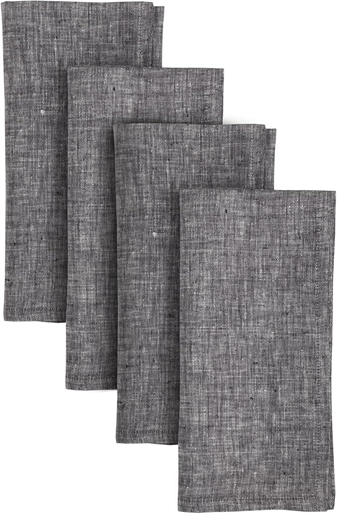Solino Home Linen Cloth Napkins Set of 4-100% Pure Linen Chambray Black Dinner Napkins 20 x 20 Inch for Winter - Athena, Handcrafted and Machine Washable