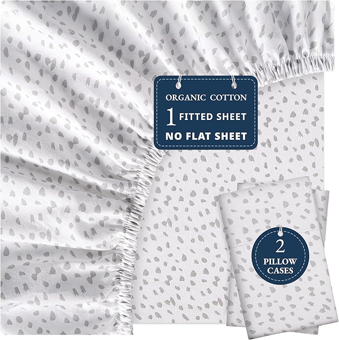 LANE LINEN King Size Fitted Sheet, 100% Organic Cotton, 3-Piece Set (1 Fitted Sheet,2 Pillowcases), Percale Weave, Ultra Soft, Breathable,Fits Mattress Upto 15" Deep - White(Grey Dot)(No Flat Sheet)