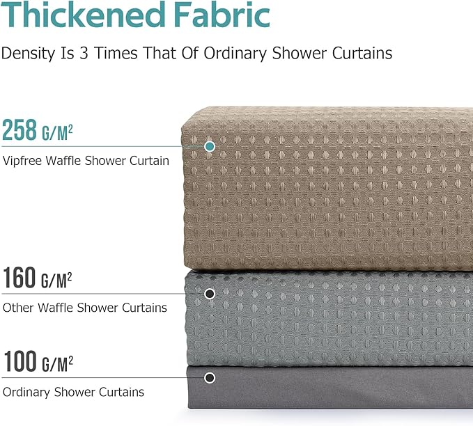 Vipfree 3 in 1 Shower Curtain Set, Waffle Shower Curtain and Liner Set with 12 Double Sided Shower Curtain Hooks, 258GSM Luxury Weighted Cloth Shower Curtains for Bathroom, 72 W x 84 H, Beige