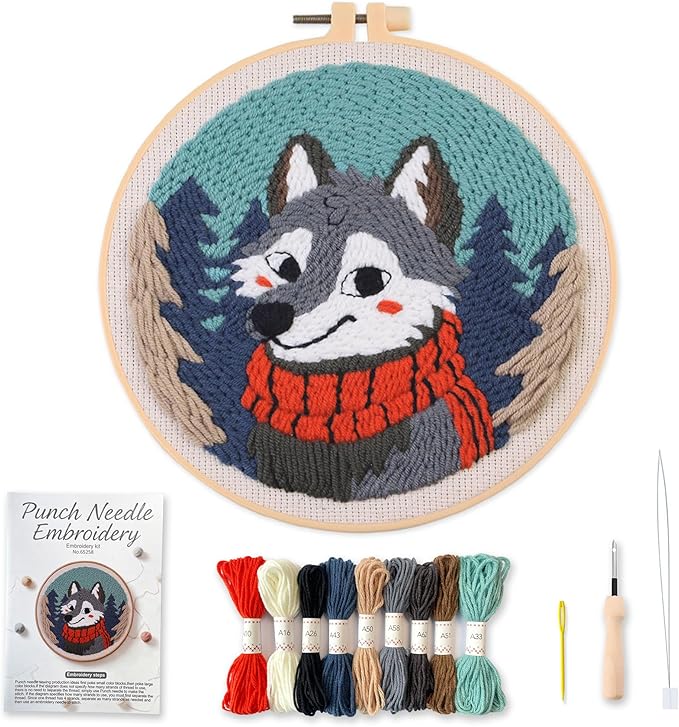 Myfelicity Punch Needle kit, a Beginner Set with Wolf Pattern Design, Suitable for Beginners and Adults with 7.9-inch Hoop