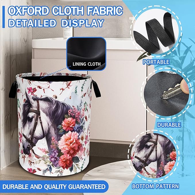 White Horse Flowers Laundry Basket Oxford Cloth Funny Laundry Hamper With Handle Foldable Portable Clothes Storage Basket 18.9 X 16.5 Inch Storage Bag For Laundry Room/Bathroom/Bedroom/Dormitories