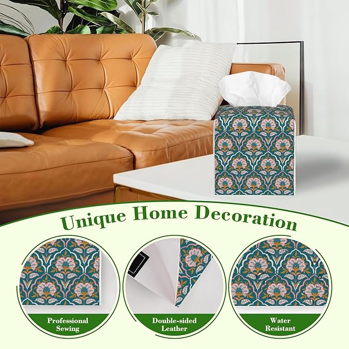 Vintage Colorful Boho Paisley Floral Tissue Box Cover Square Leather Tissue Holder Waterproof Facial Paper Organizer Dispenser Cube Paper Cover Case for Home Office Bathroom Vanity Countertop