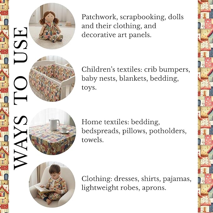 Cottage House Patchwork Cotton Fabric – Premium Turkish Printed Cotton 140 GSM, Pre-Cut 61 x 36.6 Inches, Quilting & Sewing Fabric for Crafts, Nursery Decor & DIY Projects