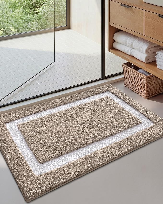 Color&Geometry Bathroom Rugs, Water Absorbent and Quick Dry Microfiber Bath Rugs-16"x24", Non-Slip, Machine Washable, Extra Soft Plush Bath Mats for Bathroom, Laundry Room, Khaki White