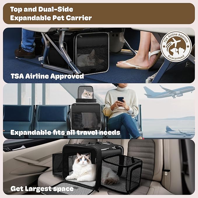 Top and 2 Sides Expandable Cat Carrier 18x11x11, TSA Airline Approved Dog Carriers for Medium Dogs, Soft-Sided Pet Carrier with Self-Locking Zippers for Kitten,Rabbit, Puppy, Guinea Pig Black White