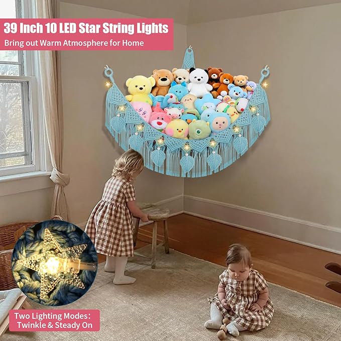 Stuffed Animal Hammock Corner - 56'' Jumbo Handcrafted 5mm Double Macrame Cord Stuffed Animal Storage Net - 100% Natural Cotton Toy Hammock Holder - Turquoise Stuffy Plushie Net w/LED Star Light