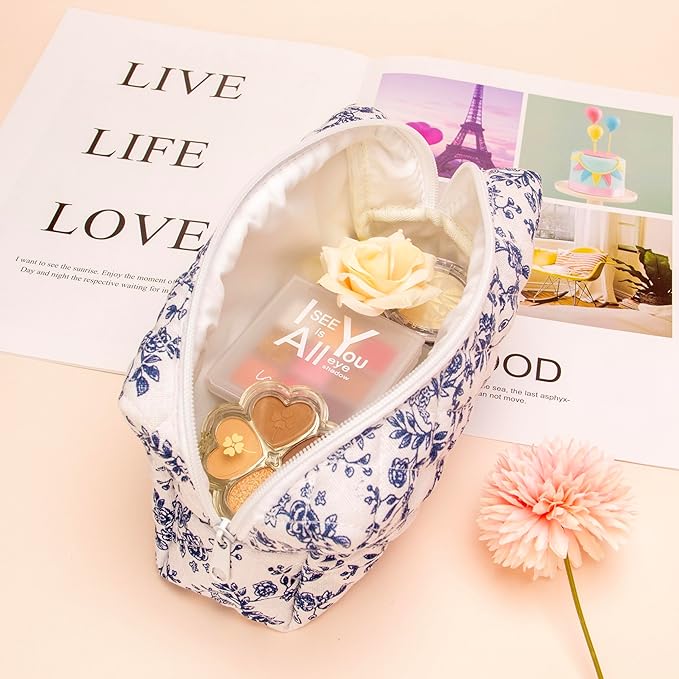 PAZIMIIK 2PCS SET Vintage Quilted Makeup Bag Cosmetic Pouch for Brushes Pencils and Travel Make Up Accessories for Women and Girls Jouy Blue