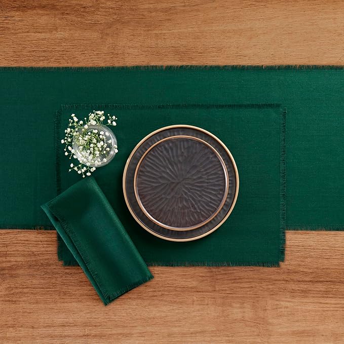 Solino Home Fringe Linen Placemats Set of 4 - Evergreen Placemats 14 x 19 Inch - 100% Pure Linen Table Mats for Winter, St Patricks Day - Handcrafted and Machine Washable