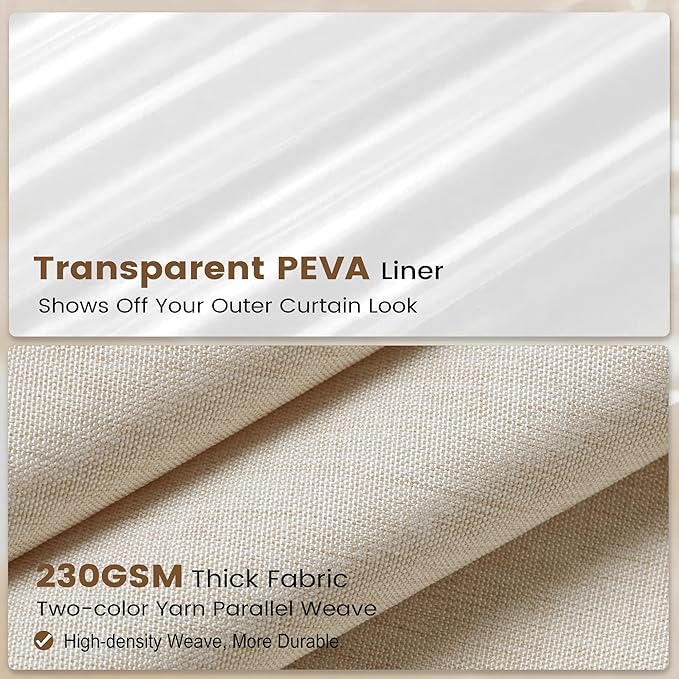 BTTN 3 in 1 Shower Curtain Set - 78 Inch Long Linen Textured Polyester Shower Curtain and Clear Liner Set with Plastic Hook, Long Modern Waterproof Shower Curtain for Bathroom, Cream/Beige, 72x78