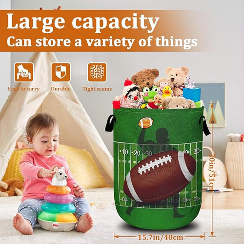 American Football Laundry Basket with Sturdy Handles, Ball Game Collapsible Oxford Cloth Laundry Hamper Organizer Basket for Bathroom Bedroom 15.7x20 Inch