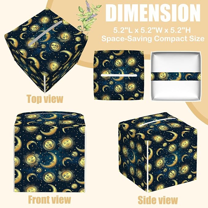 BLYKVGHQ Square Tissue Box Cover Sun Moon Stars Tissue Box Holder Facial Cube Paper Dispenser Leather Decorative Organizer Home Office Desk Decor, 5.2"x5.2"x5.2"