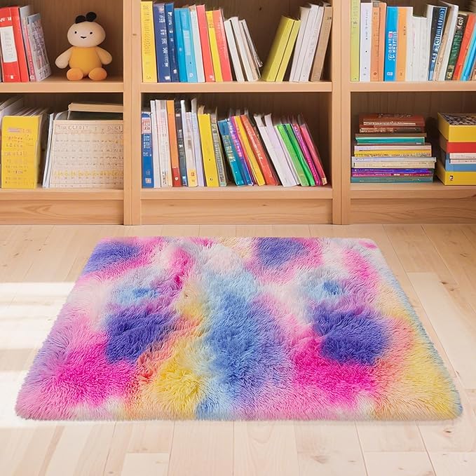 2x3 ft Small Throw Rugs Furry, Non Slip Mini Area Rug, Fluffy Tie-Dyed Rainbow Carpet,for Bedroom Door Entryway Indoor Inside Front Entrance Dog Mat, Home Decor Aesthetic, Nursery
