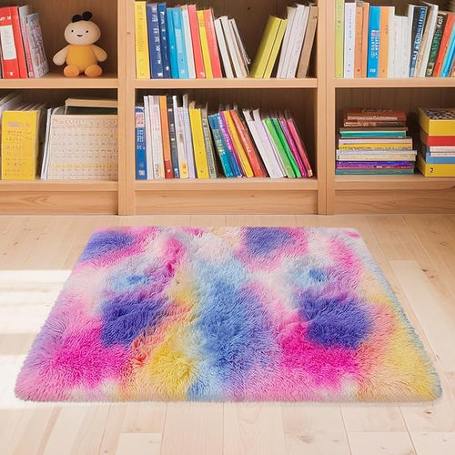2x3 ft Small Throw Rugs Furry, Non Slip Mini Area Rug, Fluffy Tie-Dyed Rainbow Carpet,for Bedroom Door Entryway Indoor Inside Front Entrance Dog Mat, Home Decor Aesthetic, Nursery