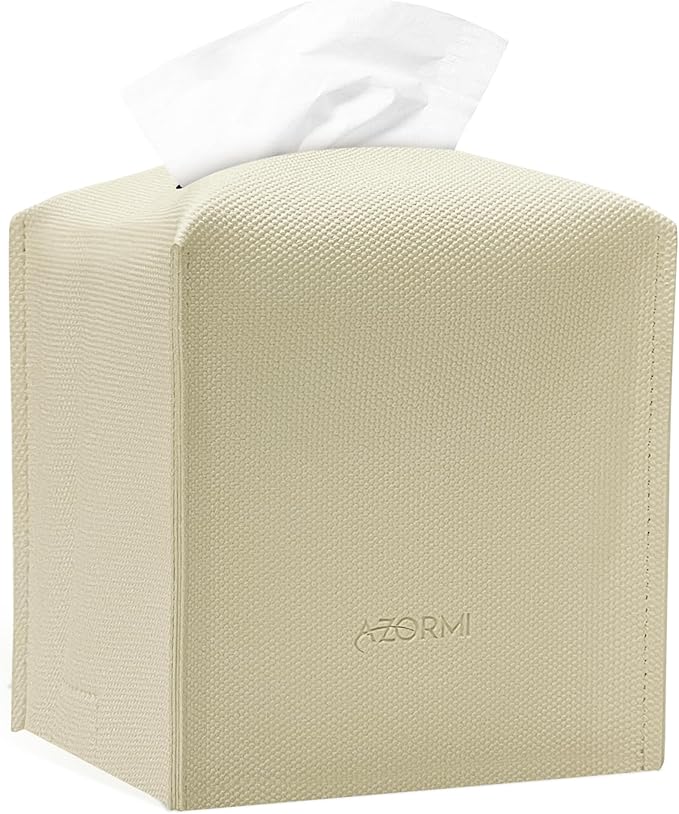 Tissue Box Cover, PU Leather Tissue Box Holder with Bottom Belt, Modern Square Tissue Box Covers with Wide Opening (Beige, Woven Patterns)