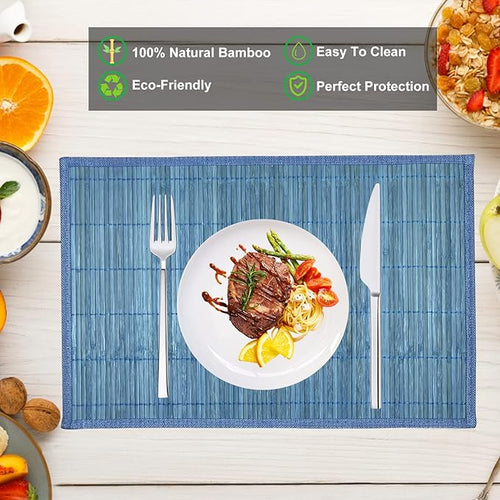 ANDSTAR Bamboo Placemats Set of 8 Non-Slip Waterproof - 12x18 Inch Reusable Table Mats for Kitchen Dining, Eco-Friendly Thick Heat Resistant Dishwasher Safe Home Decor (Blue)