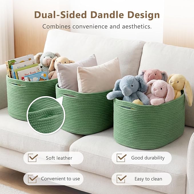 ECDYQXVU Cotton Rope Storage Basket, 15x10x9 Inches, Woven Basket for Shelves, Clothes, Towels, Books, and Laundry, Green (2 Pack)