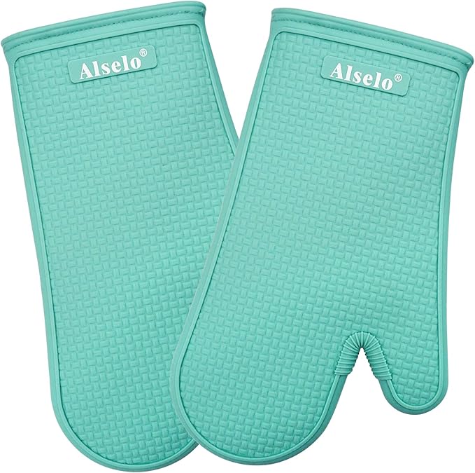 Oven Mitts Heat Resistant Silicone Kitchen Gloves for 550 Degrees with Waterproof and Non-Silp, Set of 2 Oven Gloves for Baking Cooking Barbecue Microwave Machine Washable (Blue, 2)