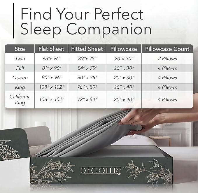 DECOLURE 100% Viscose Derived from Bamboo Sheets Twin Size - Luxury 4 Pc Naturally Cooling Sheets, Ultra Soft Bed Set - Deep 17" Pockets, Durable Double Stitching, Oeko Tex Standard (Light Grey)