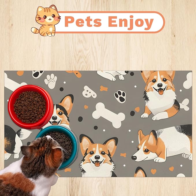 Eizlang Corgi Dog Cat Food Mat,12"x20" Inches Rapid Absorbent Pet Feeding Mat,Pets Placemat Water Bowl Mats with Rubber Backing,No Stains Cat Dog Feeding Mats Indoor,Pet Accessories Supplies