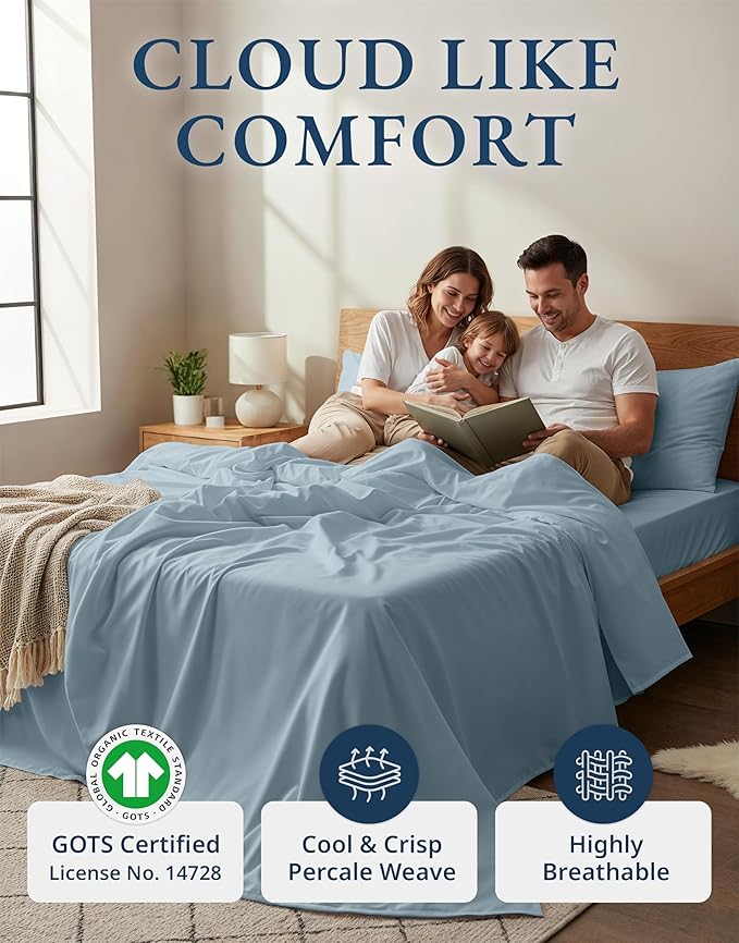 LANE LINEN 100% Organic Cotton Full Sheets Set 4-Piece Pure Percale Soft Bedding Breathable Fits Mattress Upto 15" Deep - French Blue