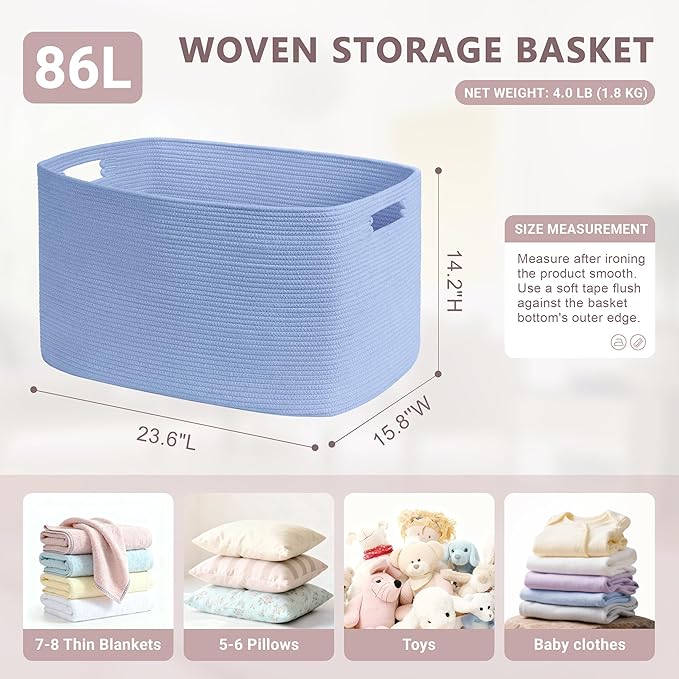 SunNewt 86L Large Baby Girls Laundry Basket for Nursery Storage,Cute Woven cotton Rope Baskets for Kids Toy，Gifts, Boho Square Wicker Blanket hamper for Living Room,Bedroom Dirty Clothes,Blue Purple