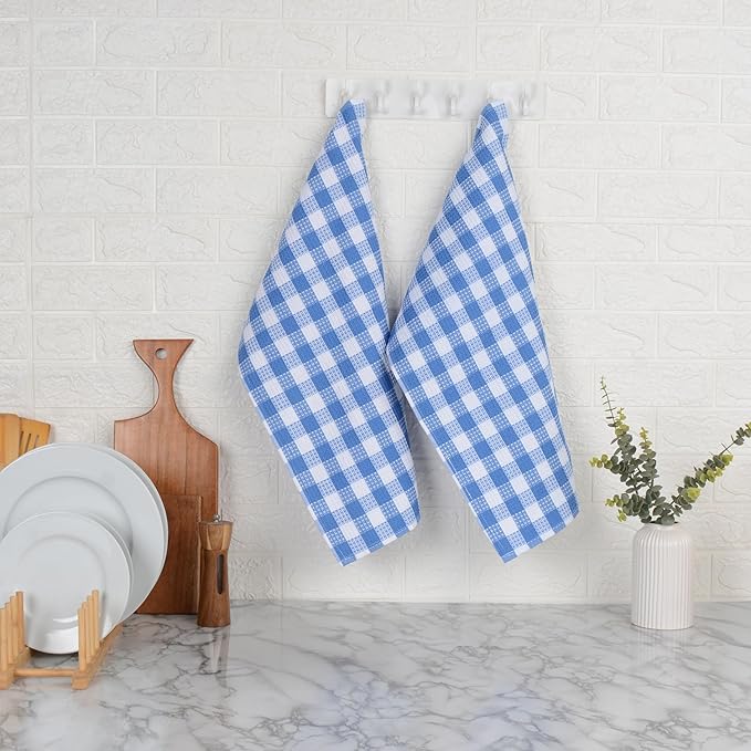 Blue Needles Waffle Weave Check Plaid Kitchen Towels, 15x25 Inches 100% Cotton Set of 6 Dish Towels for Kitchen, Soft & Absorbent for Quick Drying with Hanging Loop Spring Summer - Sky Blue & White