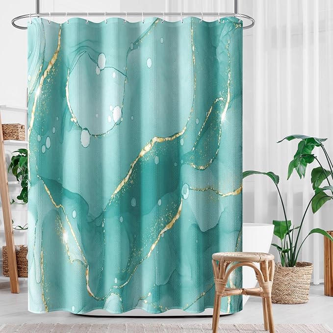 Culudea Mint Green Marble Gold Shower Curtain Set, Teal Turquoise Blue Abstract Bathroom Window Waterproof Shower Curtain Set for Bathroom Decor