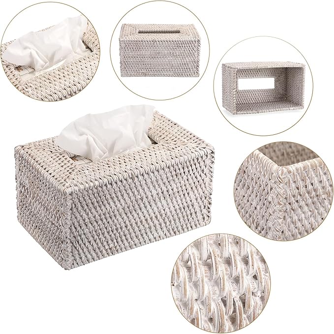 Sumnacon Tissue Box Cover Large Rectangle Tissue Box Rattan Tissue Box Holder,Wicker Decorative Tissue Holder for Bathroom Toilet Living Room Kitchen Office Table Desk,Whitewash