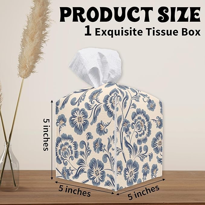 Vintage Blue Flowers Square Tissue Box Holder Cover, Floral Tissue Cube Box Organizer for Bathroom, Living Room, Office, Countertop, Car, Night Stands, Modern Home Desk Tabletop Decor - A08