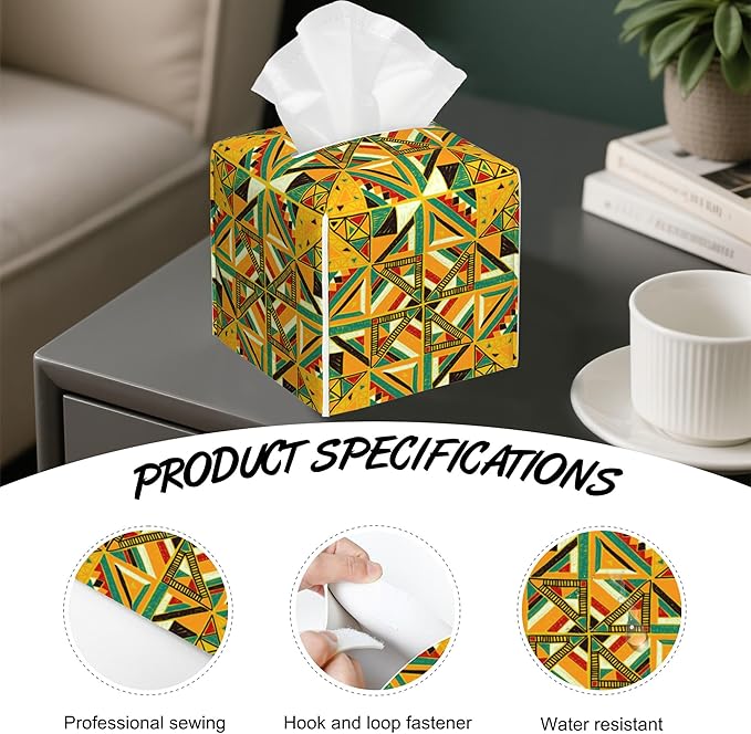 Ethnic Tribal Geometric Tissue Box Holder,Cube Tissue Box Cover Holder,Leather Facial Paper Organizer Dispenser Home for Bedroom Night Stands,Kitchen,Office and Car,5.2"×5.2"×5.2"