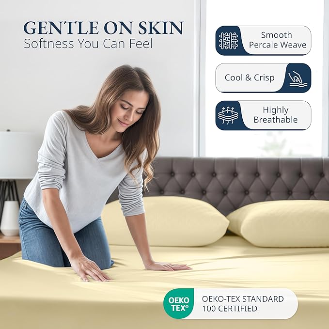 LANE LINEN Twin Fitted Sheets, 100% Organic Cotton 2-Piece Set (1 Fitted Sheet, 1 Pillowcase), Percale Weave, Bottom Sheet, Soft, Breathable, Fits Mattress Upto 15' Deep - Vanilla (No Flat Sheet)