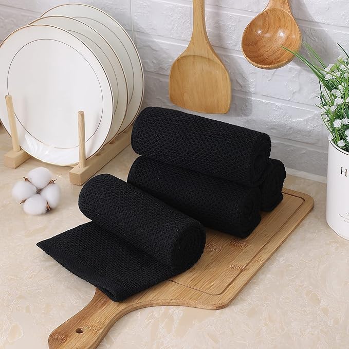Kitinjoy 100% Cotton Waffle Weave Kitchen Towels, 8-Pack Super Soft and Absorbent Dish Towels for Drying Dishes, Kitchen Hand Towels, 13 in x 28 in, Black