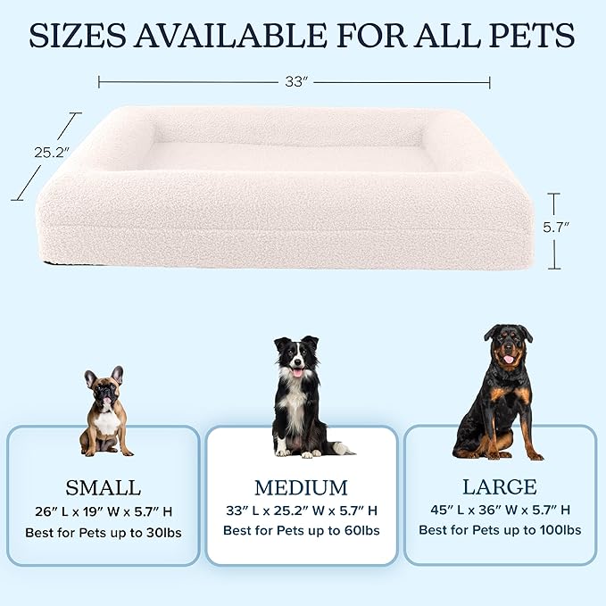 Orthopedic Pet Bed - 33in Medium Dog Bed with Supportive Bolster, Nonslip Bottom, and Removable Washable Cover - Memory Foam Puppy Bed for Medium Dogs - Dog Products by PETMAKER (Cream)