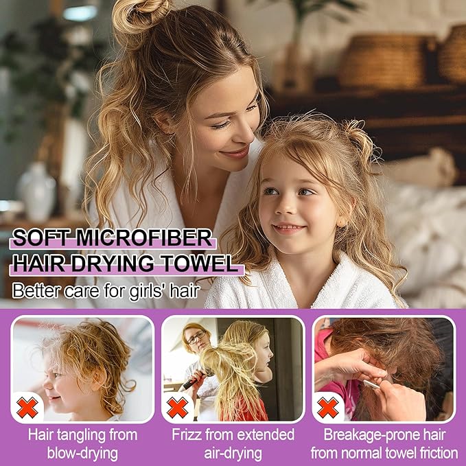 MADHOLLY Microfiber Hair Towel for Kids Gift - Soft Super Absorbent Rapid Drying Hair Towel Wrap Turban for Girls Women with Button, Anti-Frizz for Thicker Curly Long Hair, 2Pack