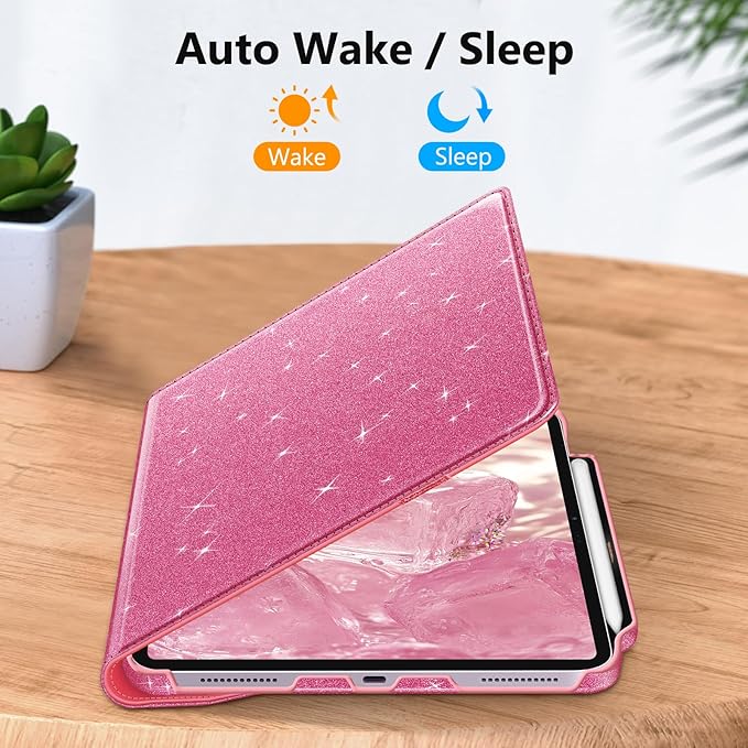 Fintie Rotating Case for iPad Air 13-inch (M3) 2025, (M2) 2024-360 Degree Swiveling Protective Stand Cover with Pencil Holder, Auto Wake/Sleep, Glittering Pink