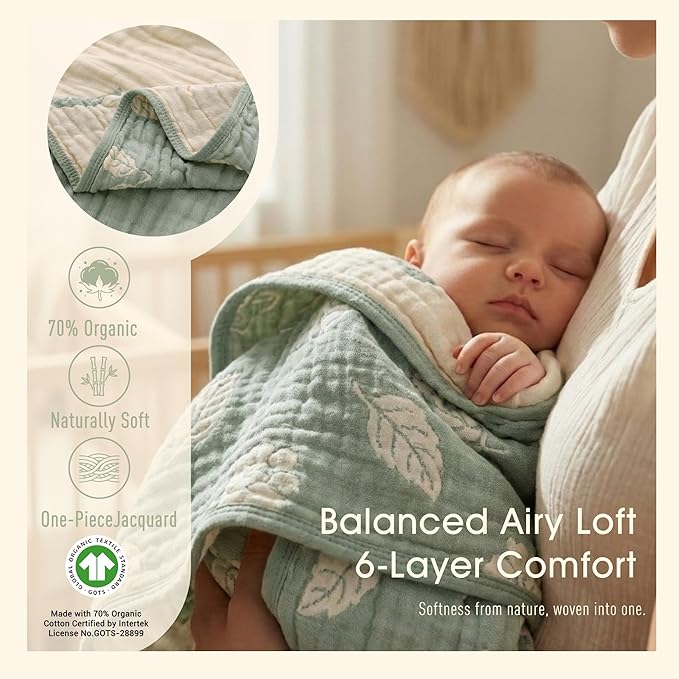 HardNok Botanical Muslin Baby Blanket - Made with Organic Cotton, Sage Green Leaf Jacquard for Gender Neutral Nursery, Baby Registry Gift, 43x43 Inches (Terra Sage Green)