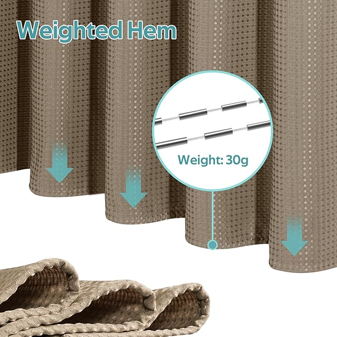 Vipfree 3 in 1 Shower Curtain Set, Waffle Shower Curtain and Liner Set with 12 Double Sided Shower Curtain Hooks, 258GSM Luxury Weighted Cloth Shower Curtains for Bathroom, 72 W x 72 H, Beige